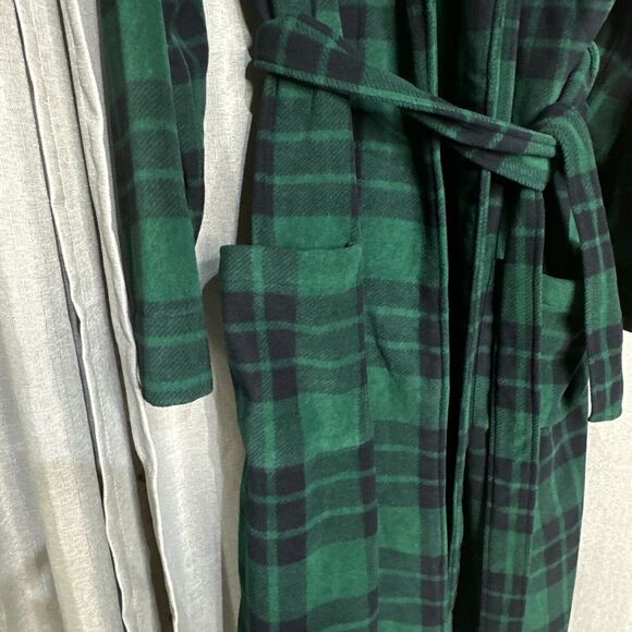 Lands End Fleece Robe Mens XL (46-48) Green Blue Plaid Comfort Lounge Belted - Picture 3 of 10